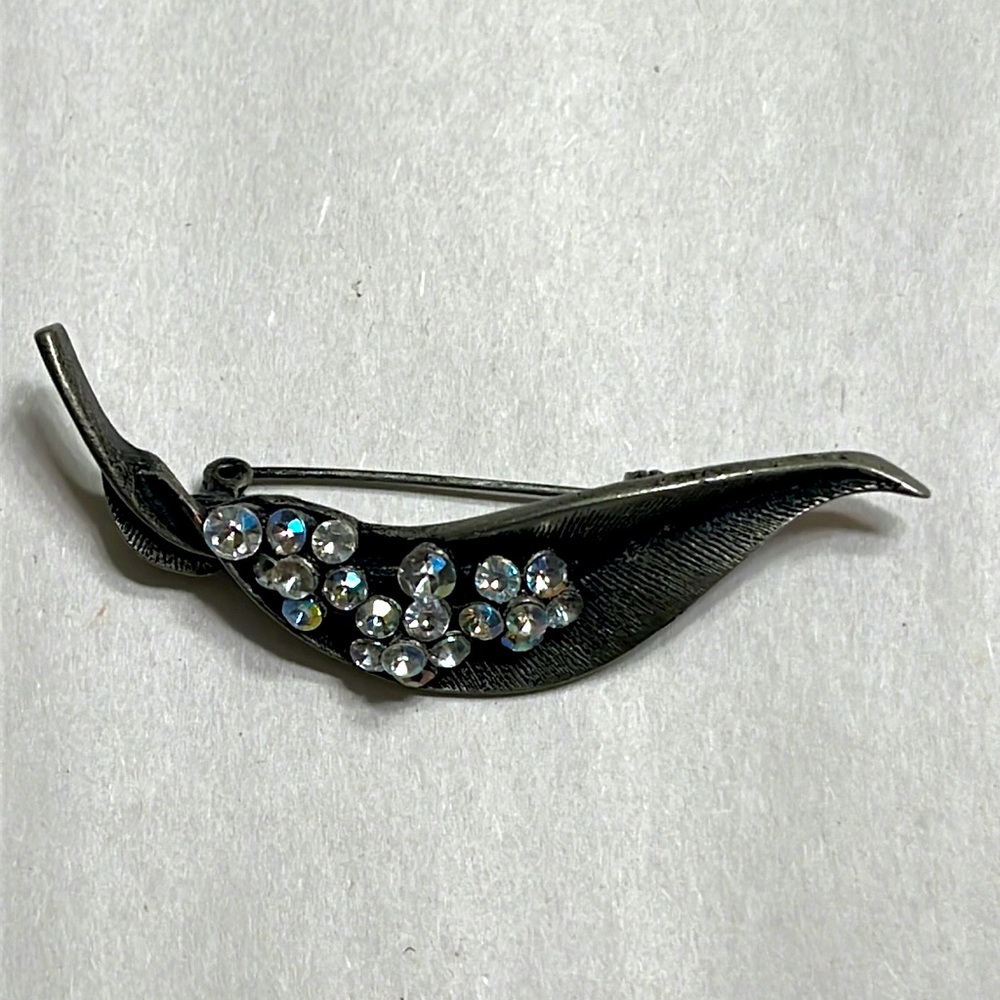 Elegant Etched Pewter Rhinestone Brooch
